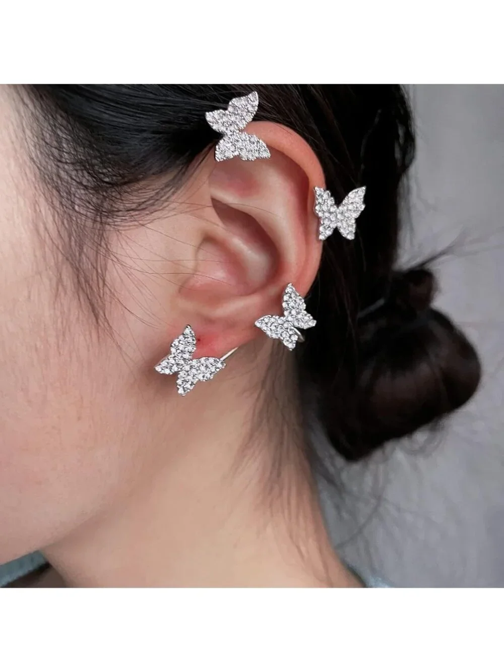Women's Silver Alloy Butterfly Ear Rhinestone Wrap No Piercing Cuff Clip Earring